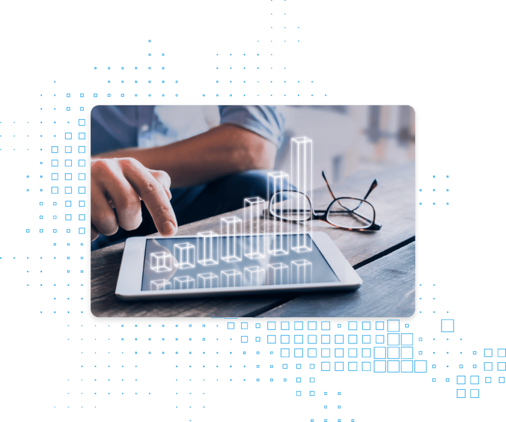 Businessman reviewing 3D profit diagram on tablet computer